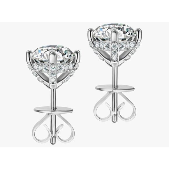 CERTIFIED Moissanite Diamond 2Ct. Round & Halo Design Stud Earrings - Picture 1 of 9